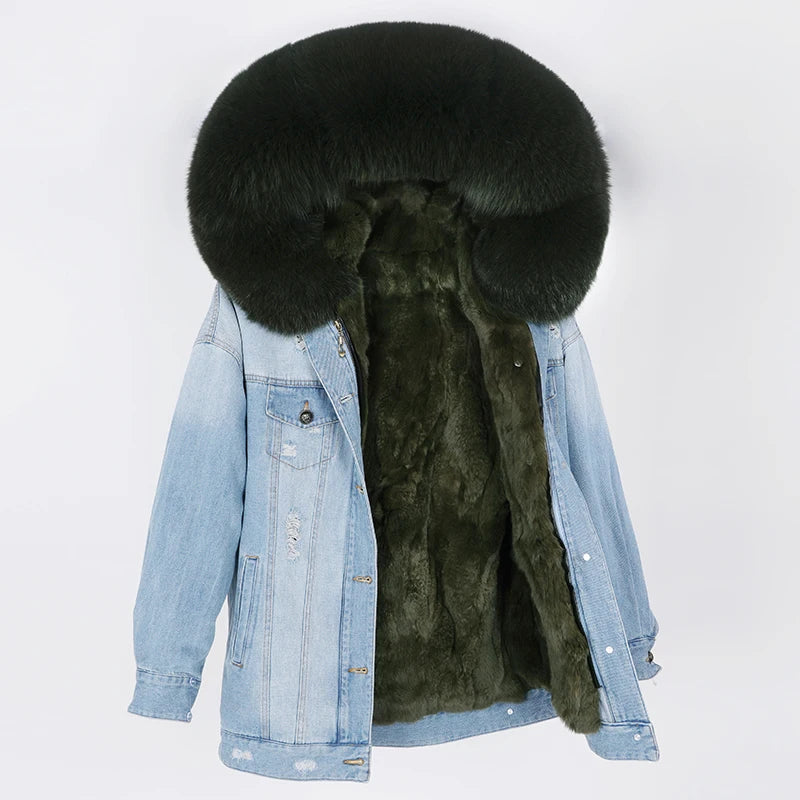 winter denim jacket with large fur collar