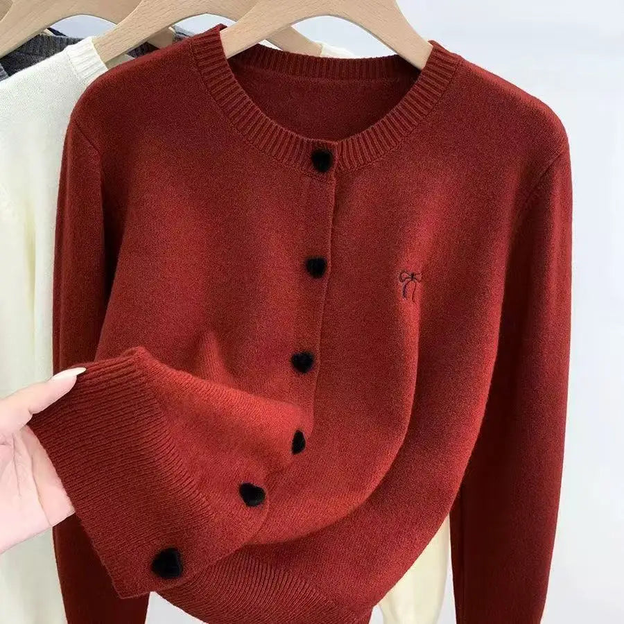Casual Solid Knitting Tops Women Knitted Cardigan Bow Embroidery