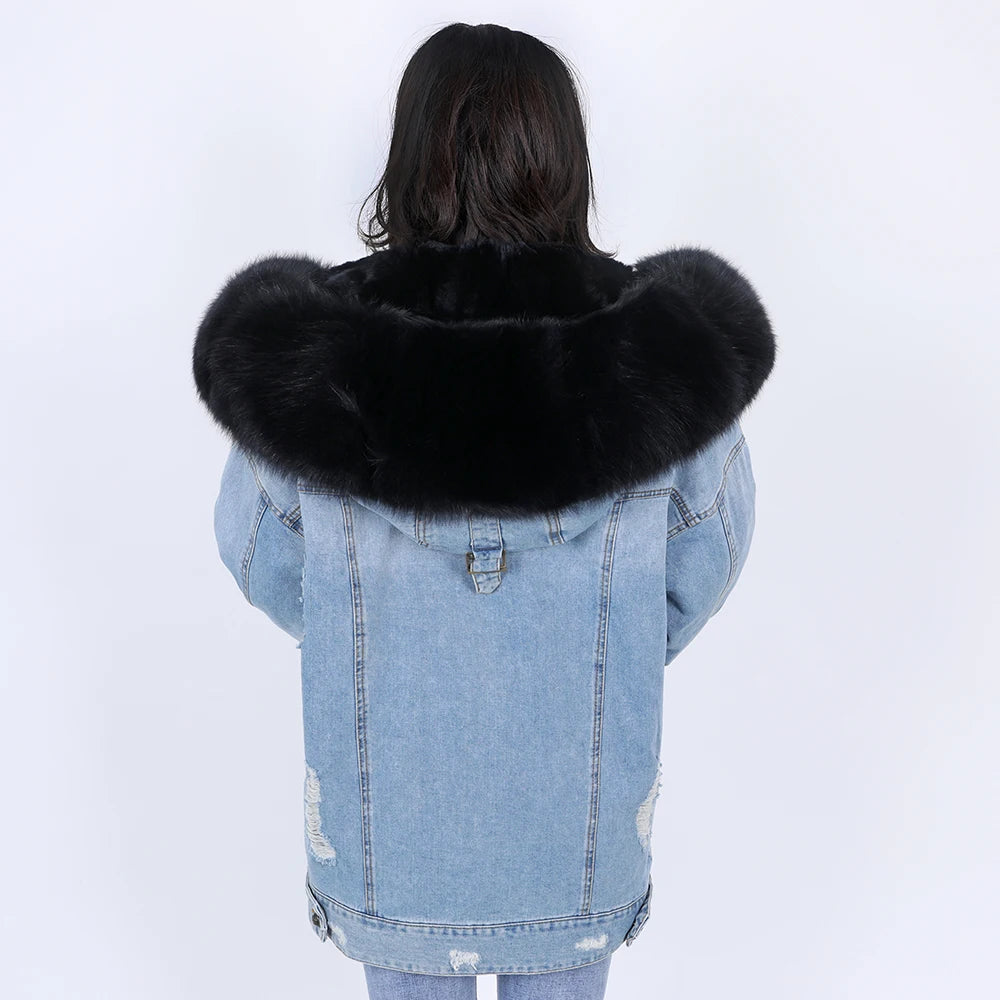 winter denim jacket with large fur collar