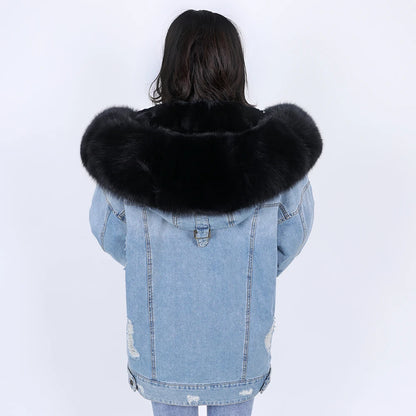 winter denim jacket with large fur collar