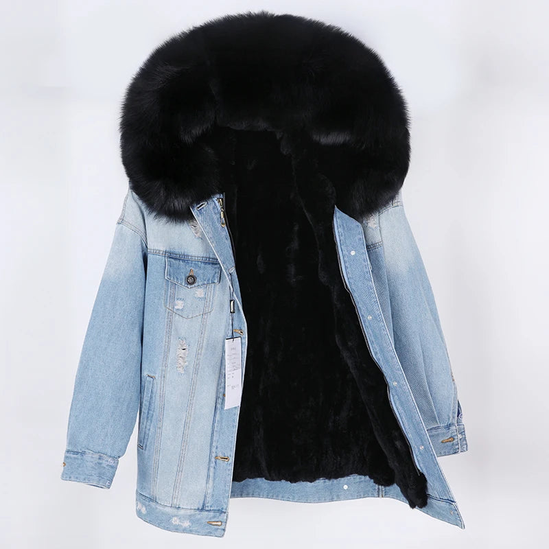 winter denim jacket with large fur collar