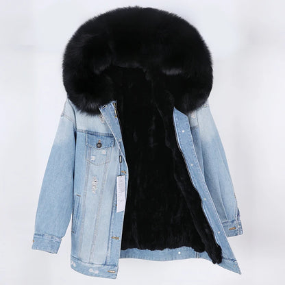 winter denim jacket with large fur collar