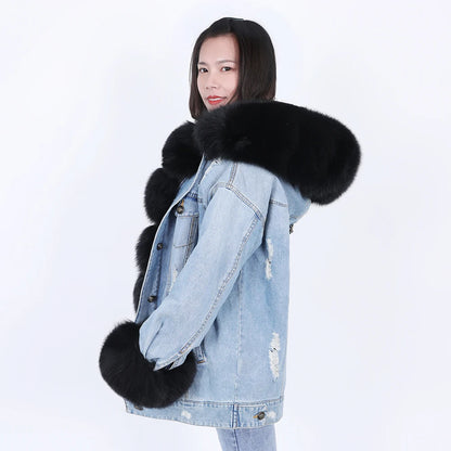 winter denim jacket with large fur collar