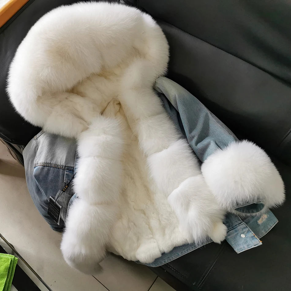 winter denim jacket with large fur collar