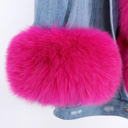 winter denim jacket with large fur collar