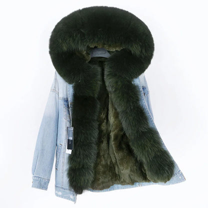 winter denim jacket with large fur collar