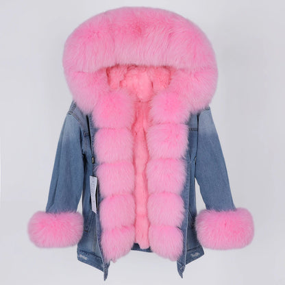 winter denim jacket with large fur collar