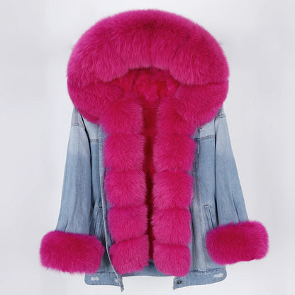 winter denim jacket with large fur collar