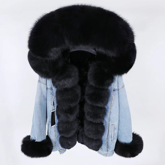 winter denim jacket with large fur collar