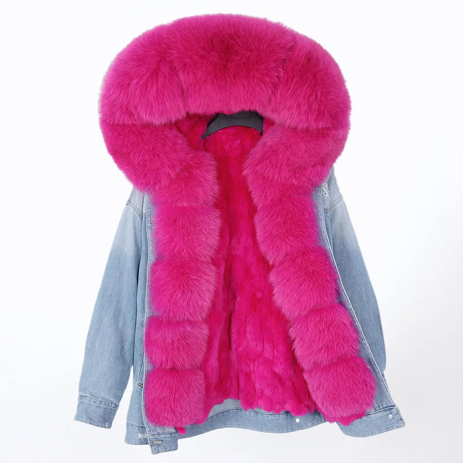 winter denim jacket with large fur collar