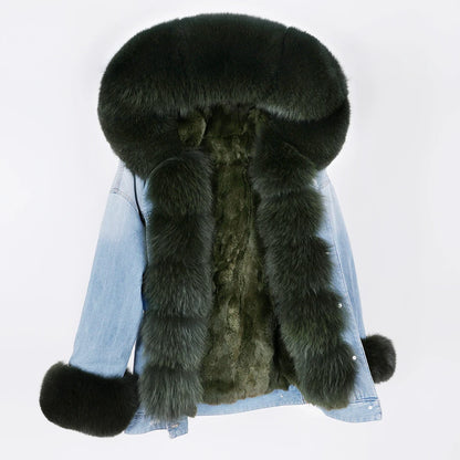 winter denim jacket with large fur collar