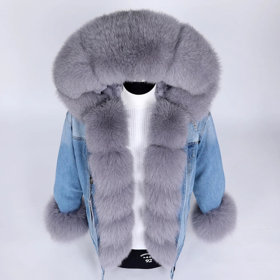 winter denim jacket with large fur collar