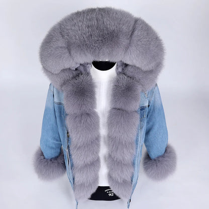 winter denim jacket with large fur collar