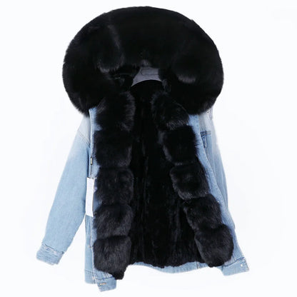 winter denim jacket with large fur collar