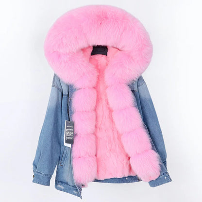 winter denim jacket with large fur collar