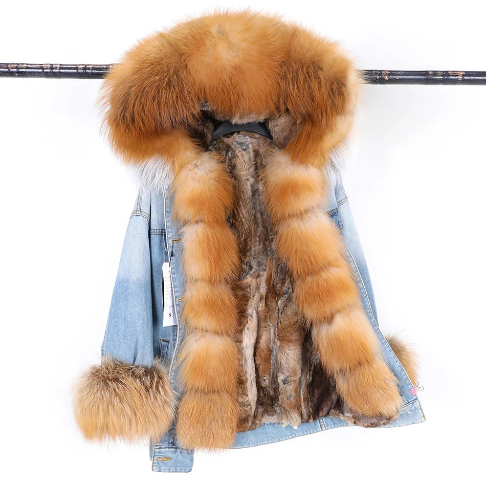 winter denim jacket with large fur collar