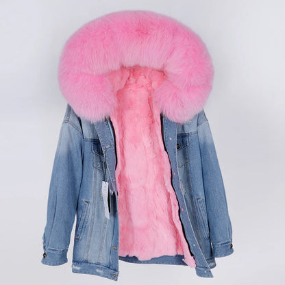 winter denim jacket with large fur collar