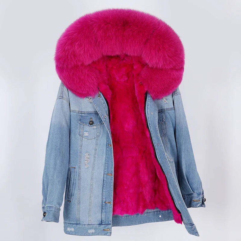 winter denim jacket with large fur collar