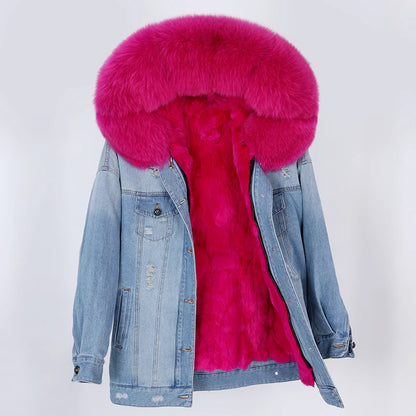 winter denim jacket with large fur collar
