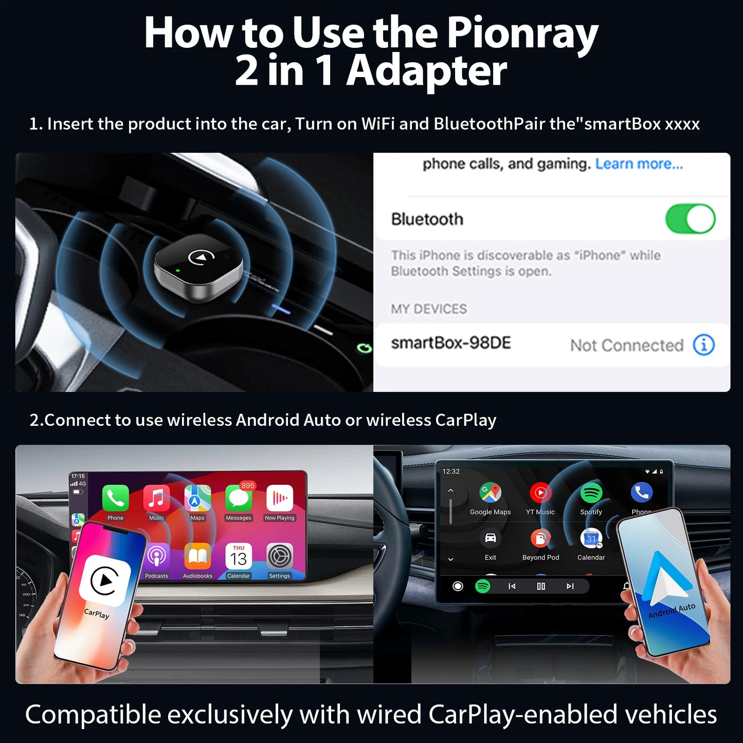 Pionray 2 in 1 Wireless CarPlay Adapter&Android Auto