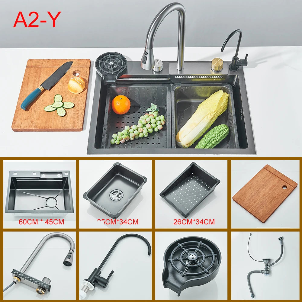 Multifunctional Kitchen Waterfall Sink Digital Display