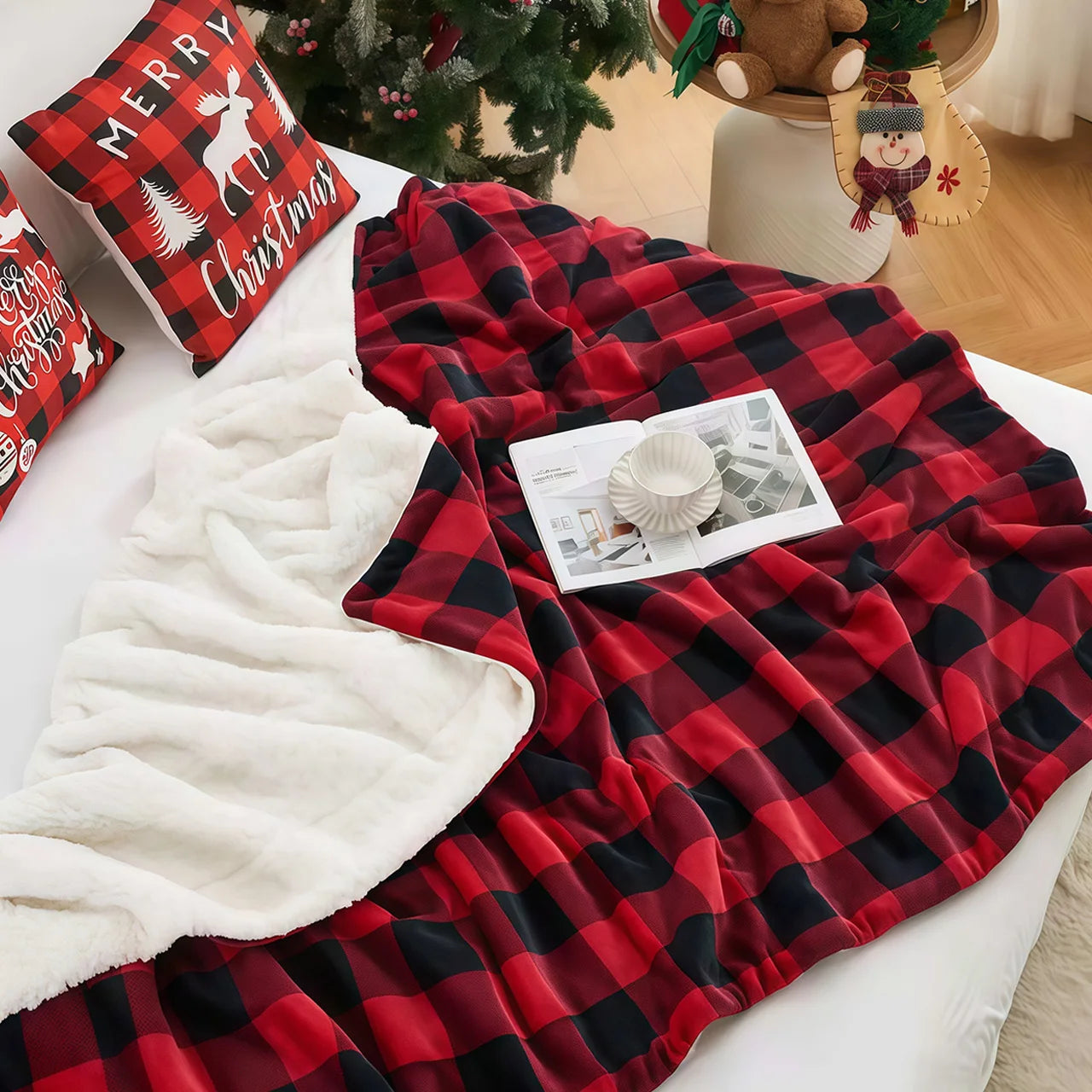 1pc Cozy Sherpa Fleece Buffalo Plaid Blanket