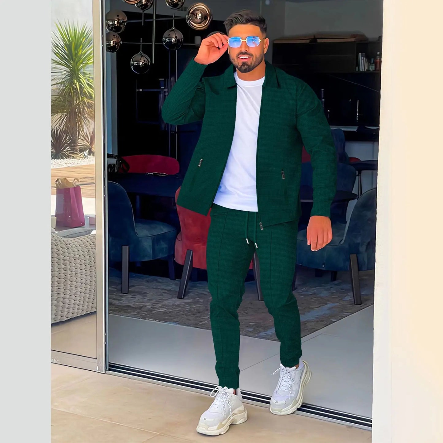 Zipper Pocket lapel Trendy Jacket + Trousers Men's sportswear Streetwear Set