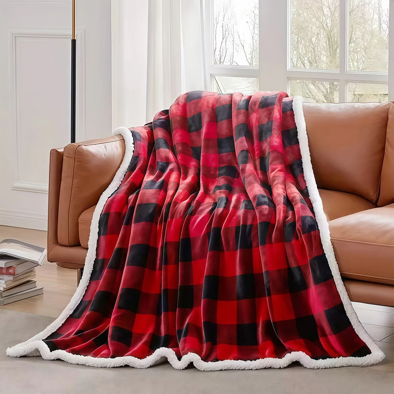 1pc Cozy Sherpa Fleece Buffalo Plaid Blanket