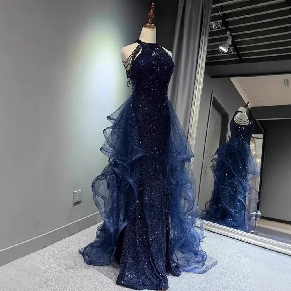 Elegant Sparking Navy Blue Evening Dresses Halt Beading Party