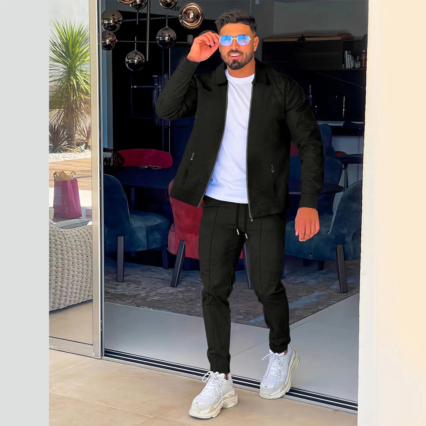 Zipper Pocket lapel Trendy Jacket + Trousers Men's sportswear Streetwear Set