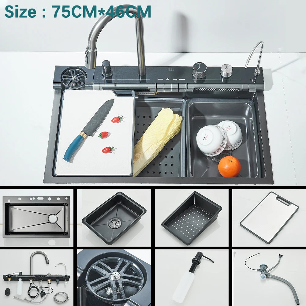 Multifunctional Kitchen Waterfall Sink Digital Display