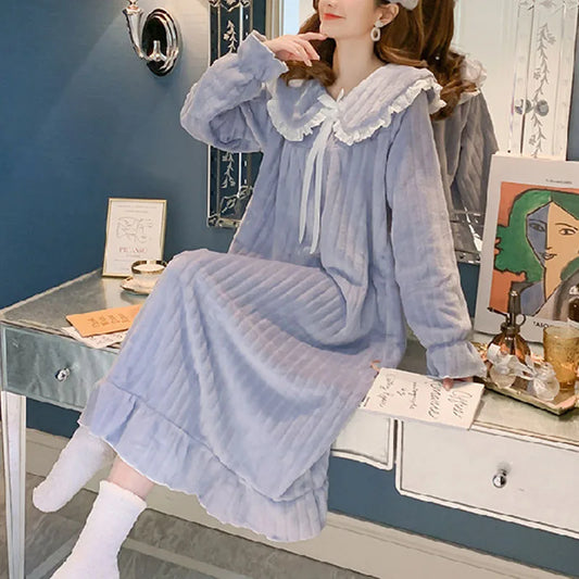 Womens Nightwear Nightdress Flannel Thickened Solid C