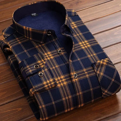 Warm Long Sleeve Plaid Shirts Flannel Fur Lined Thick Formal