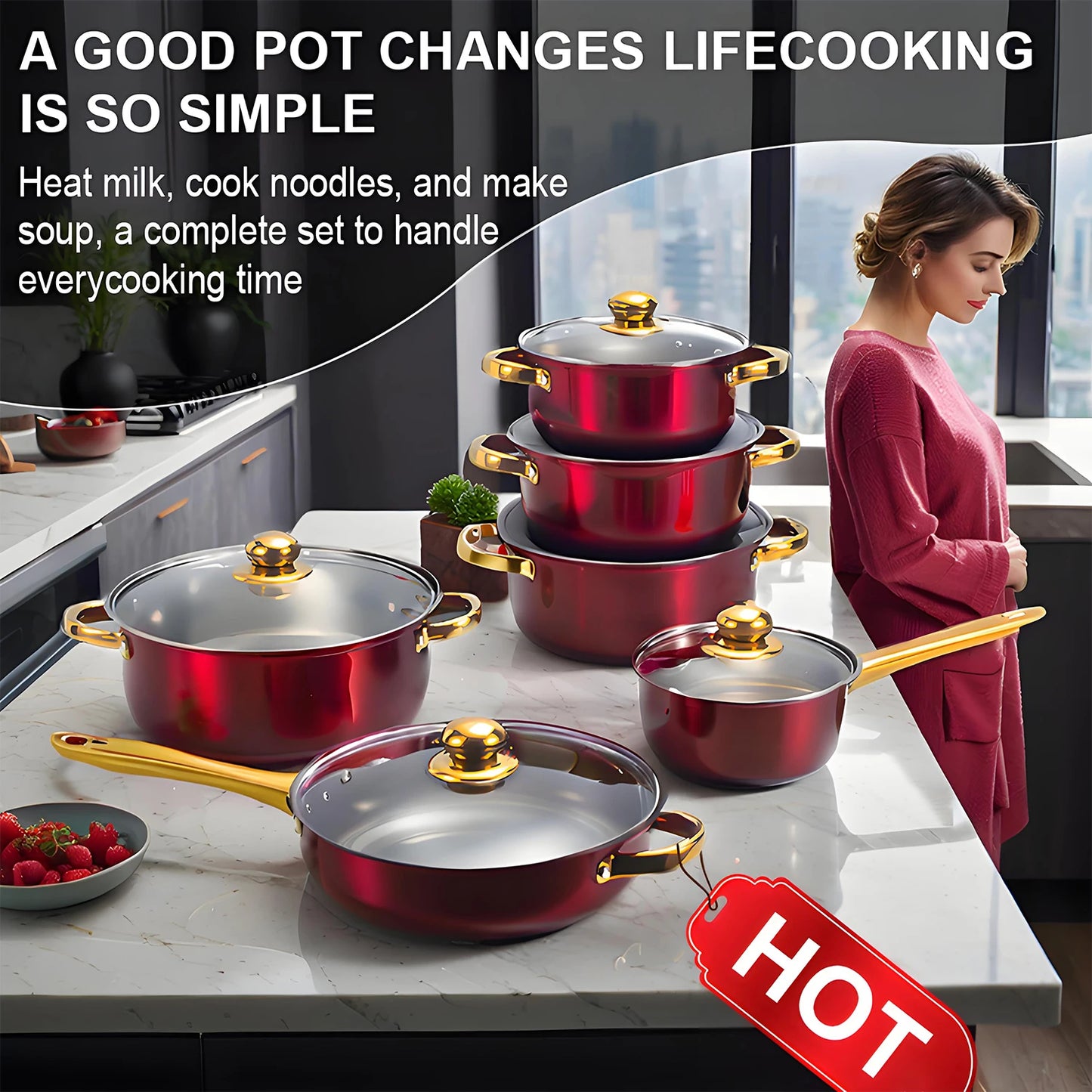 Red Cookware Set, 12-Piece ,Stainless Steel