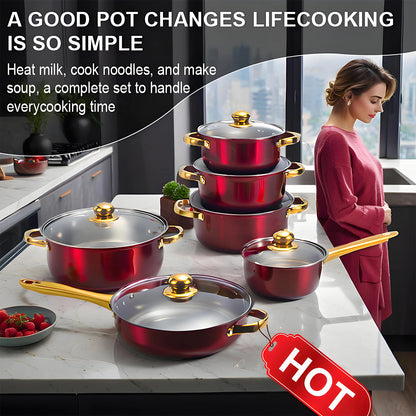 Red Cookware Set, 12-Piece ,Stainless Steel
