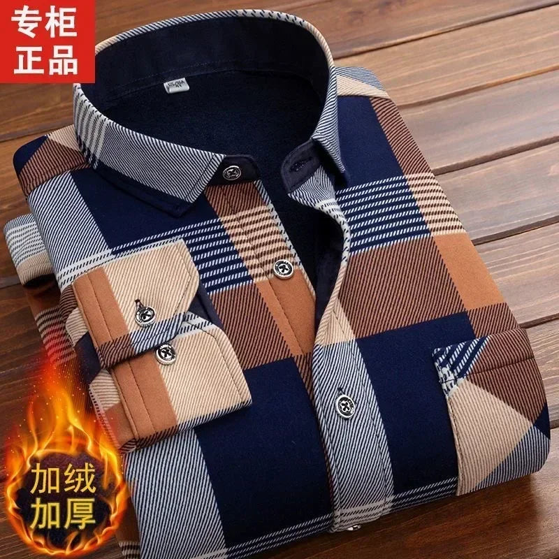 Warm Long Sleeve Plaid Shirts Flannel Fur Lined Thick Formal