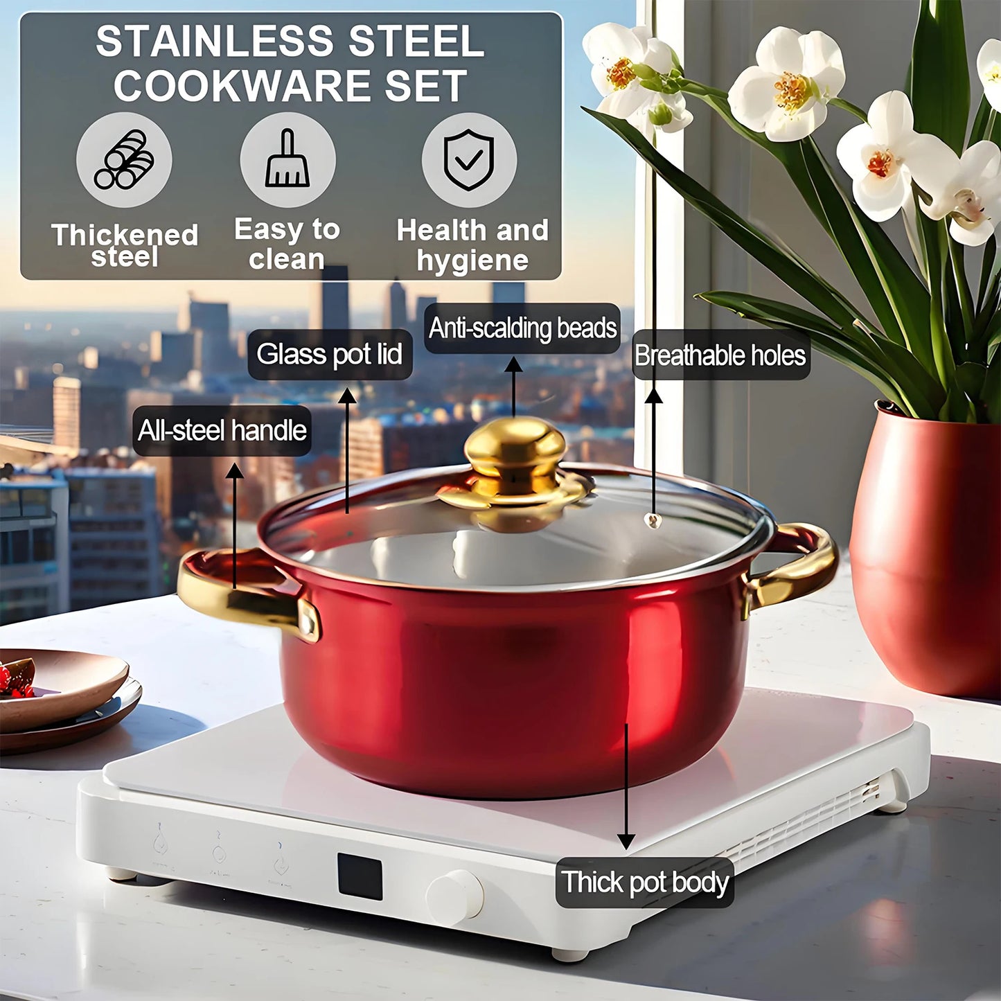 Red Cookware Set, 12-Piece ,Stainless Steel
