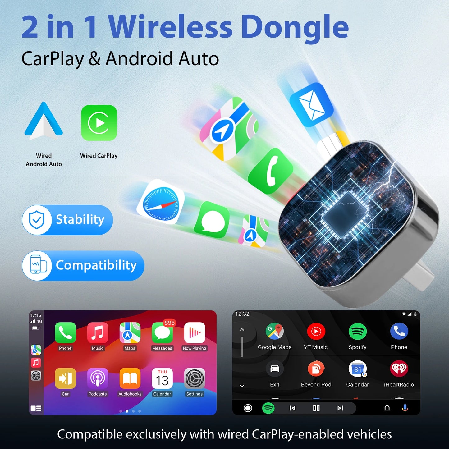 Pionray 2 in 1 Wireless CarPlay Adapter&Android Auto