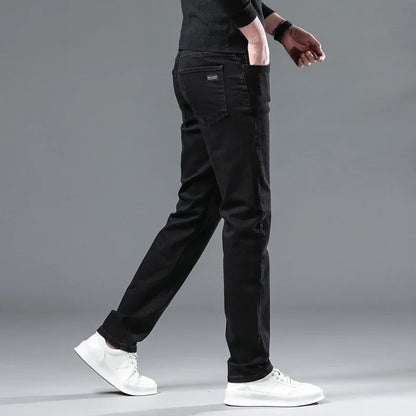 Winter Men Black Straight Stretch Denim Thick Velvet Pants
