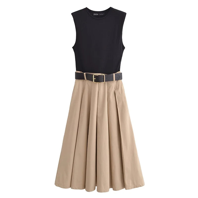 Woman Dresses Belt Pleated Midi Dress Women Sleeveless Summer Dress