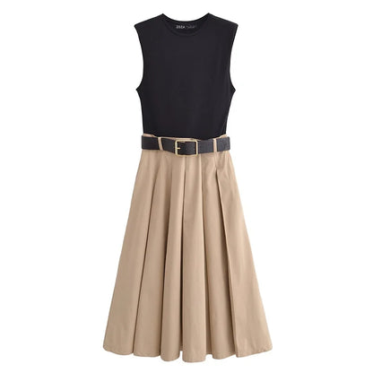Woman Dresses Belt Pleated Midi Dress Women Sleeveless Summer Dress