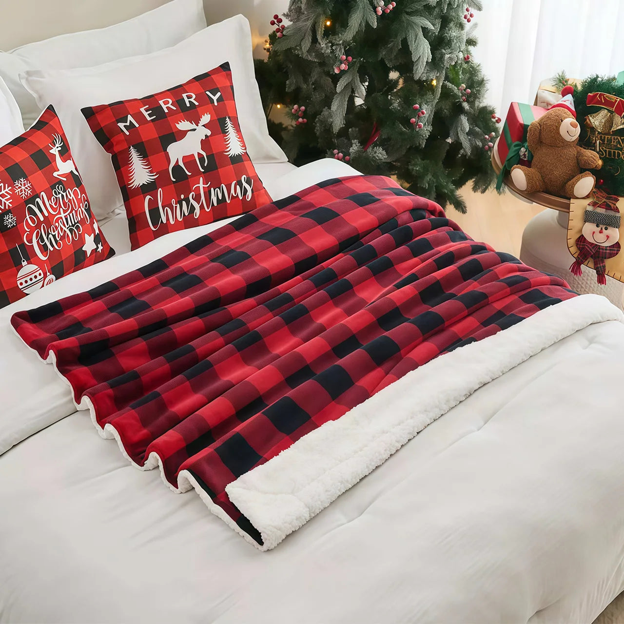 1pc Cozy Sherpa Fleece Buffalo Plaid Blanket