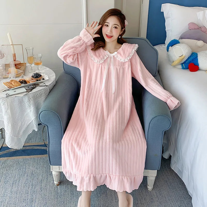 Womens Nightwear Nightdress Flannel Thickened Solid C