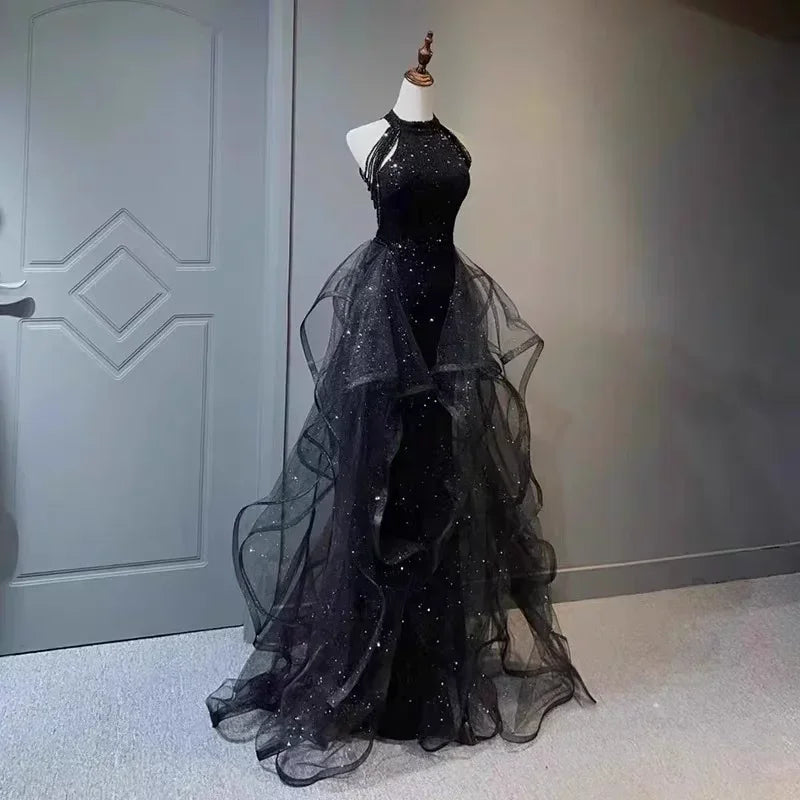 Elegant Sparking Navy Blue Evening Dresses Halt Beading Party