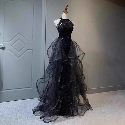 Elegant Sparking Navy Blue Evening Dresses Halt Beading Party