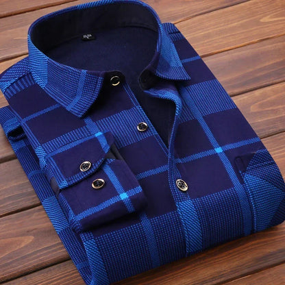 Warm Long Sleeve Plaid Shirts Flannel Fur Lined Thick Formal
