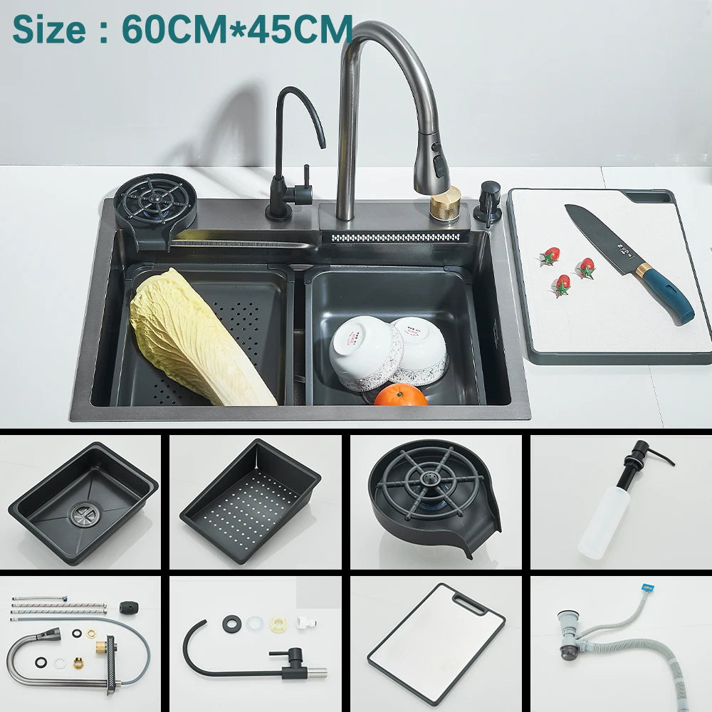 Multifunctional Kitchen Waterfall Sink Digital Display