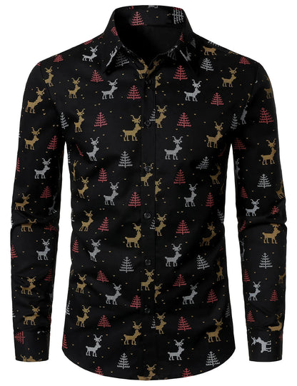 Men's Christmas Tree Elk Print Breathable Long Sleeve