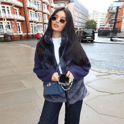 Street Women's Jacket Stand Collar Full Sleeve Faux