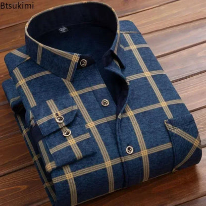 Warm Long Sleeve Plaid Shirts Flannel Fur Lined Thick Formal